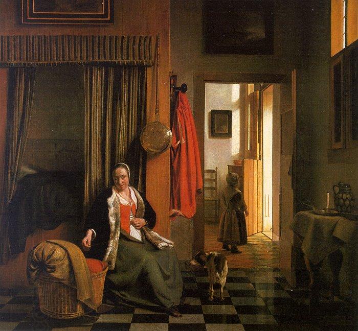 Pieter de Hooch Mother Lacing her Bodice Beside a Cradle China oil painting art